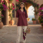 Maroon-v-neck-tunic-top-with-floral-print-pants-womens-co-ord-set