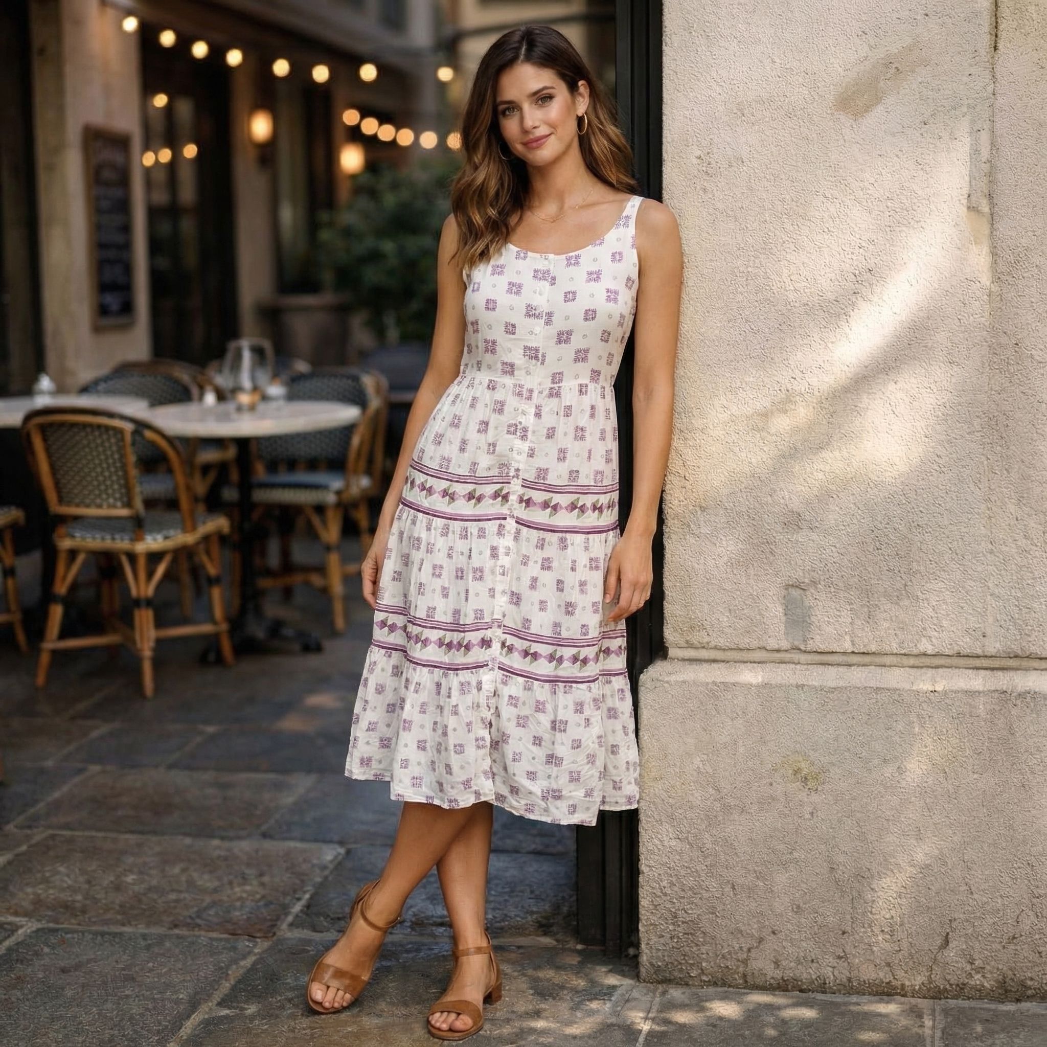 White-printed-sleeveless-square-neck-midi-dress