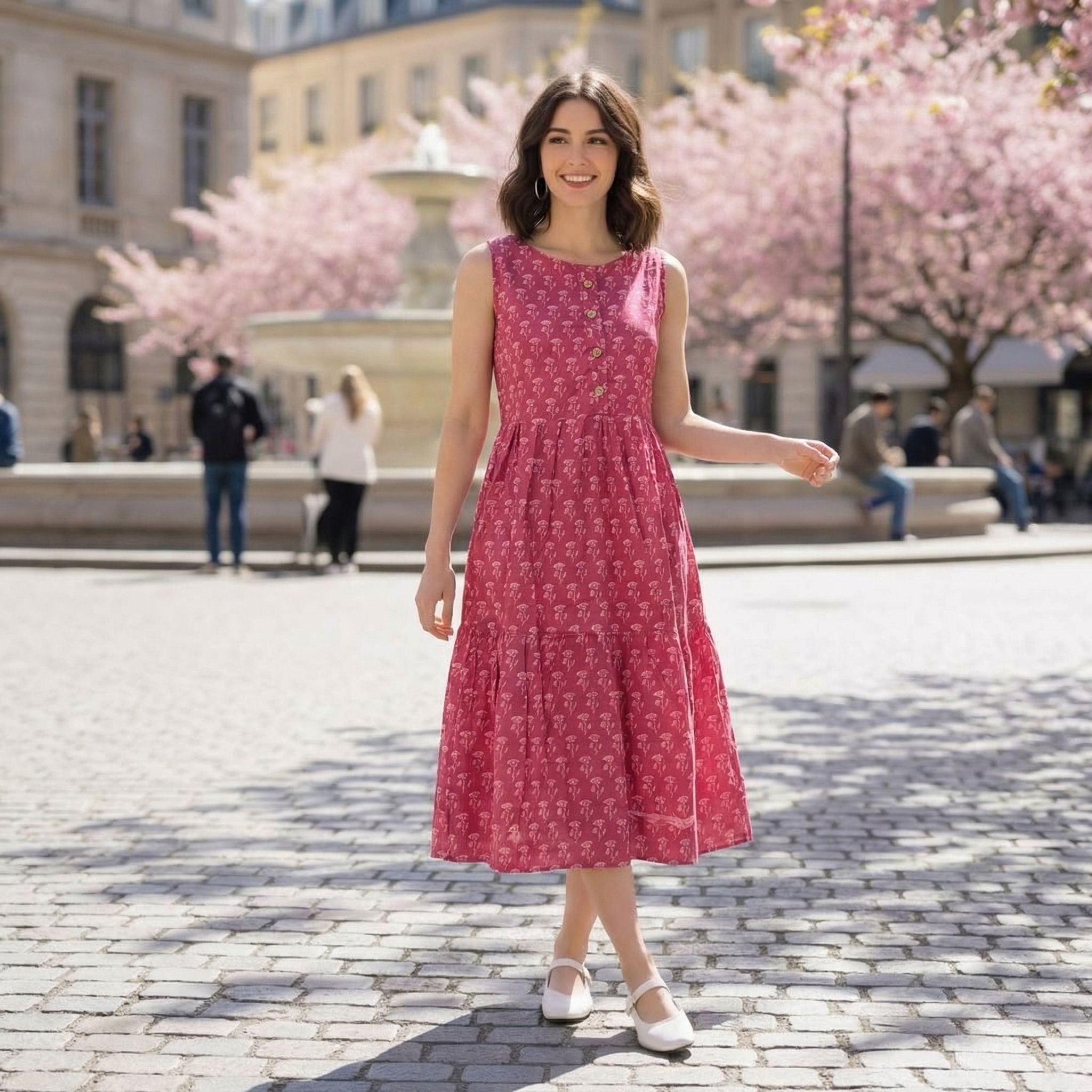 Pink-printed-sleeveless-round-neck-midi-dress
