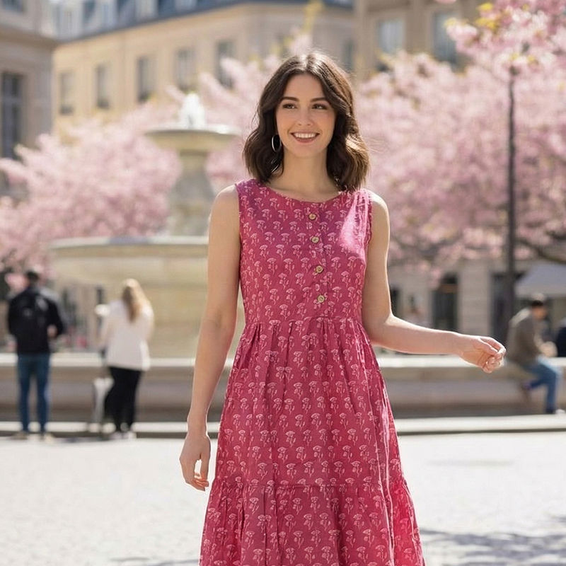 Pink-printed-sleeveless-round-neck-midi-dress