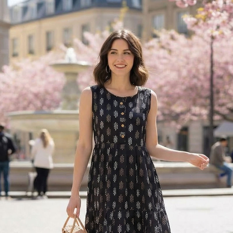 Black-printed-sleeveless-round-neck-midi-dress