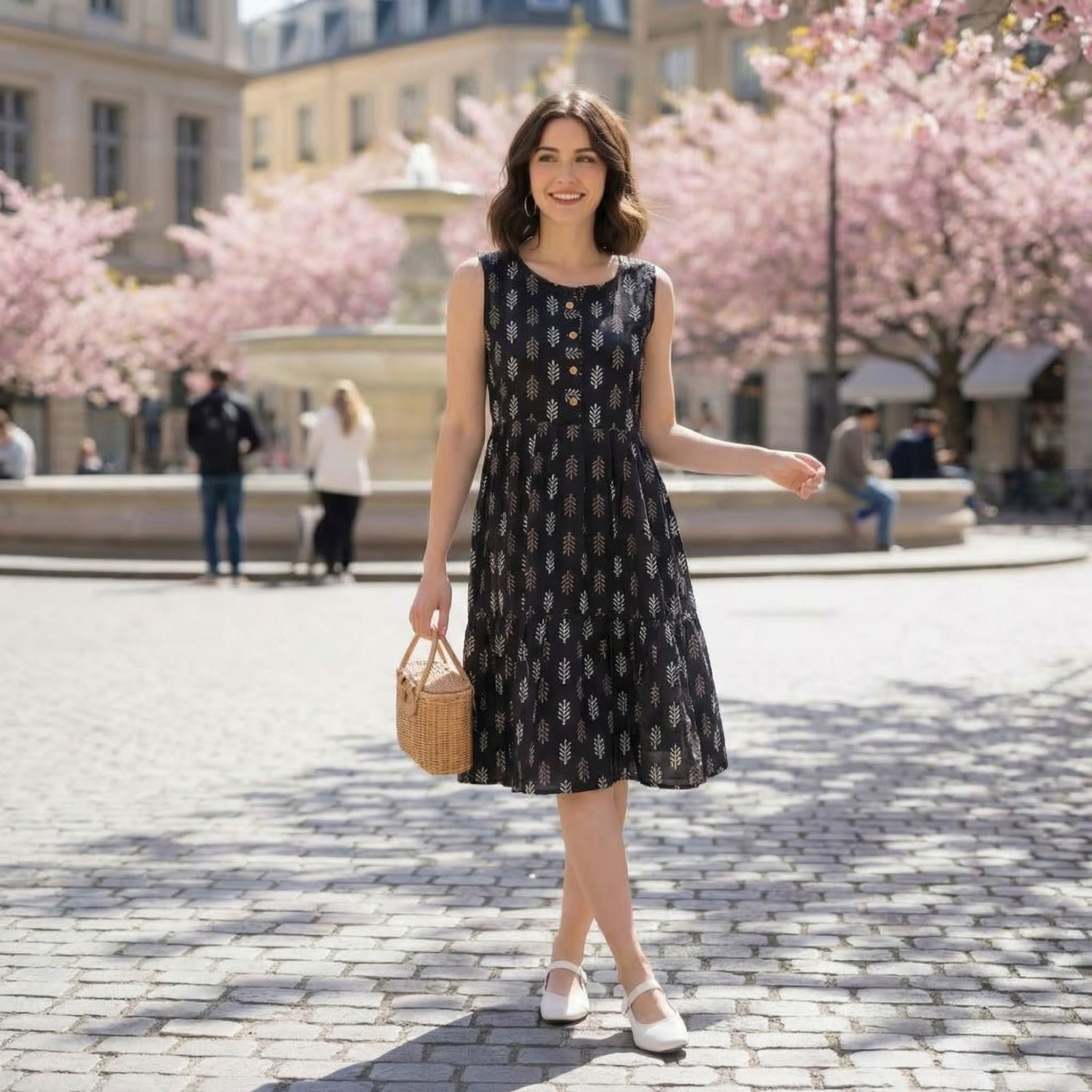Black-printed-sleeveless-round-neck-midi-dress