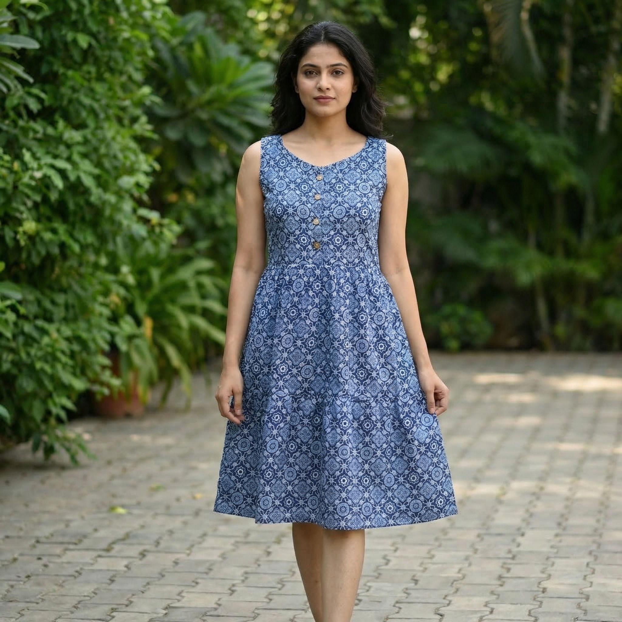 Blue-printed-sleeveless-round-neck-midi-dress
