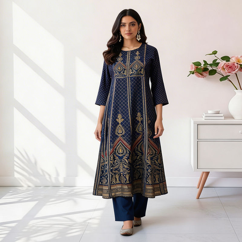 Navy-blue-ethnic-printed-A-line-kurta-dress