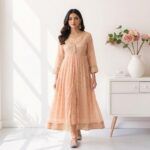 Peach-embroidered-Anarkali-kurta-dress-with-layered-design