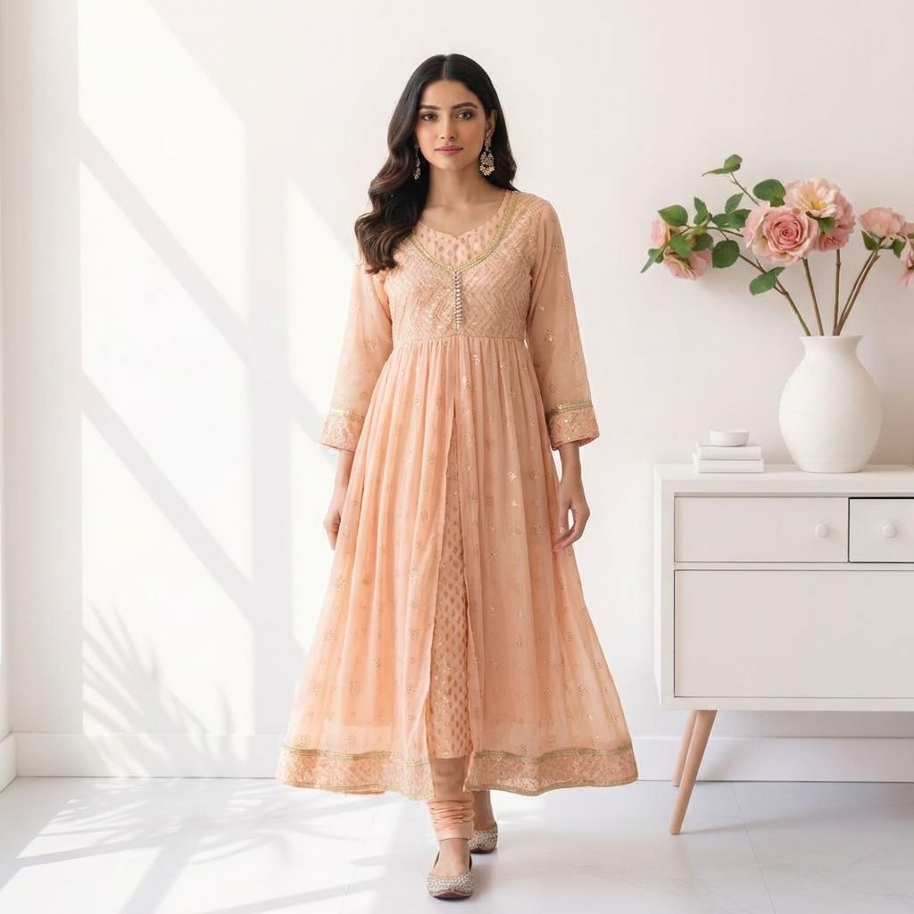 Peach-embroidered-Anarkali-kurta-dress-with-layered-design