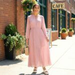 Women-pink-pleated-maxi-dress-with-long-sleeves-and-mandarin-collar