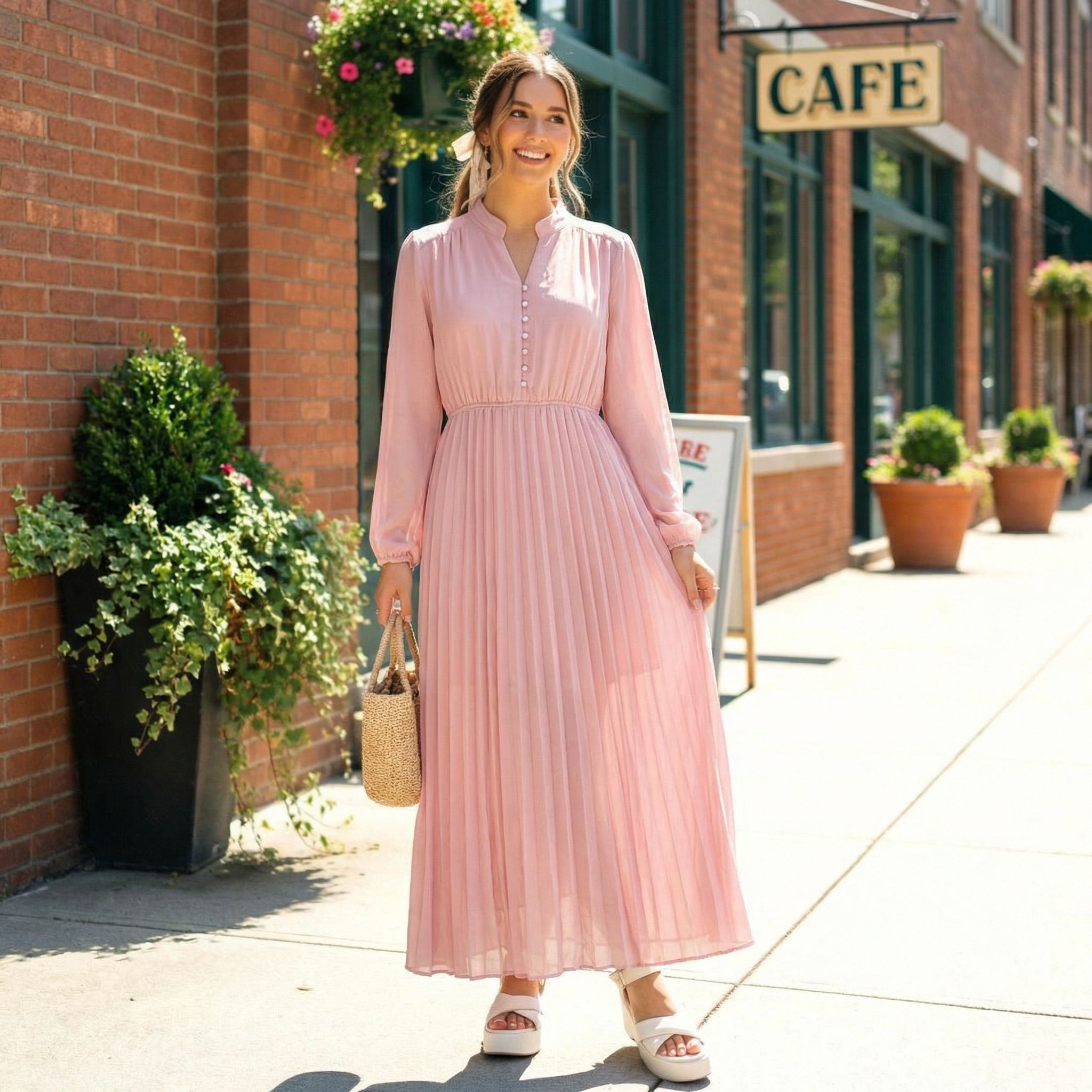 Women-pink-pleated-maxi-dress-with-long-sleeves-and-mandarin-collar