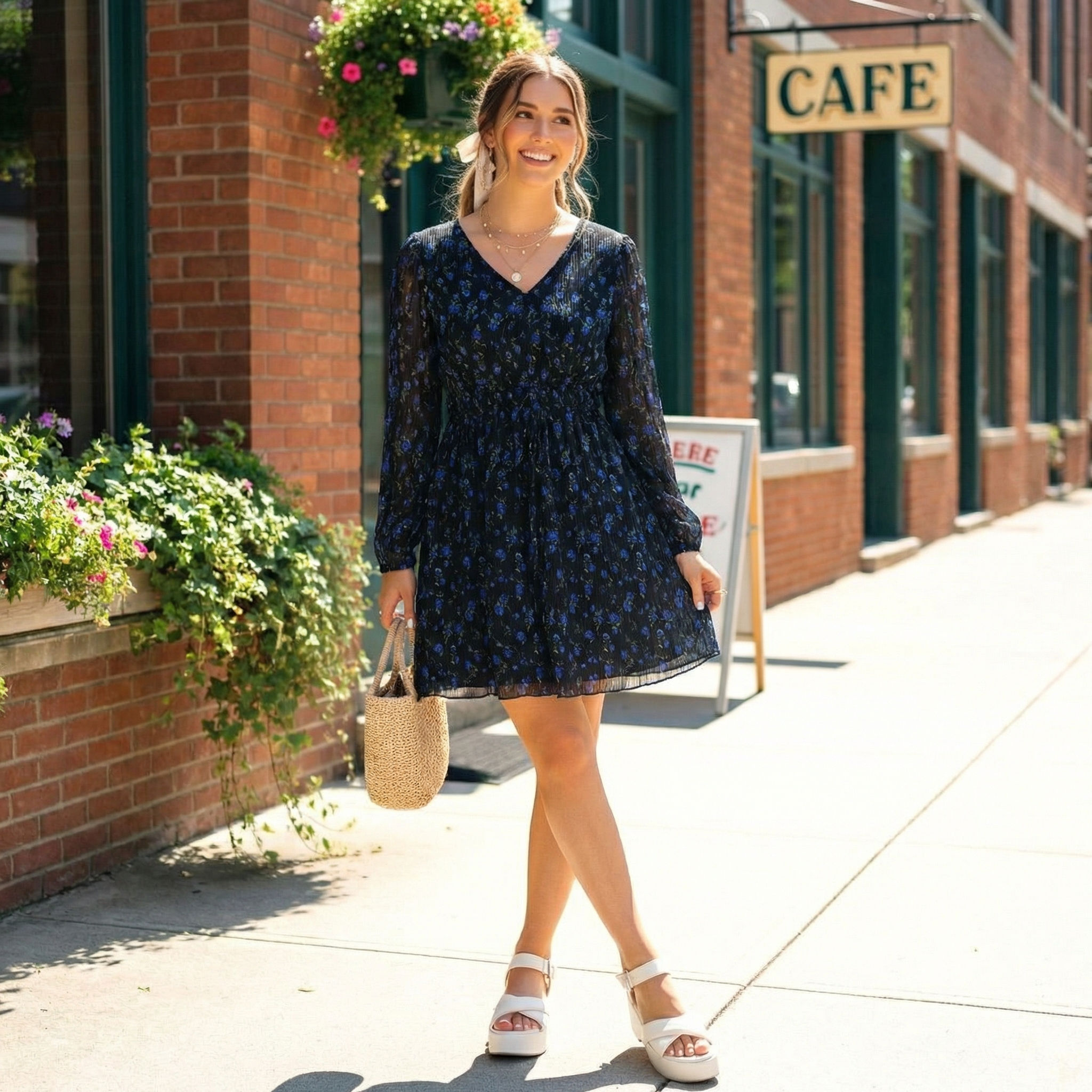 Women-black-floral-v-neck-long-sleeve-mini-dress-for-women-casual-day-dress