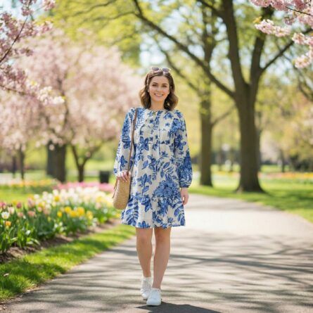 Women's-blue-floral-long-sleeve-A-line-mini-dress