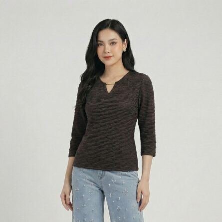Brown-textured-three-quarter-sleeve-keyhole-neck-top-for-women