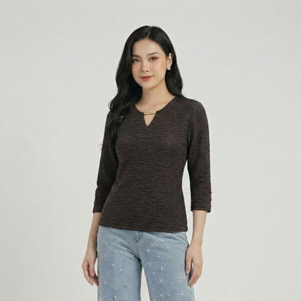 Brown-textured-three-quarter-sleeve-keyhole-neck-top-for-women