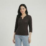 Brown-textured-three-quarter-sleeve-keyhole-neck-top-for-women