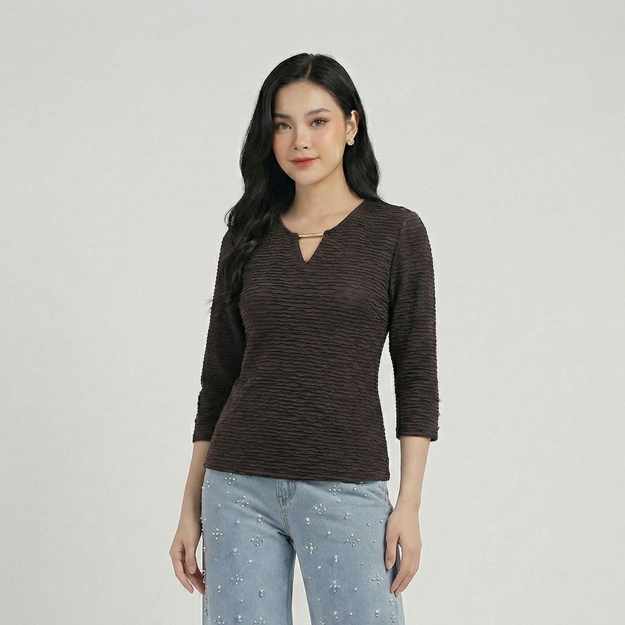 Brown-textured-three-quarter-sleeve-keyhole-neck-top-for-women