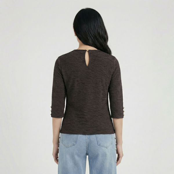Brown-textured-three-quarter-sleeve-keyhole-neck-top-for-women