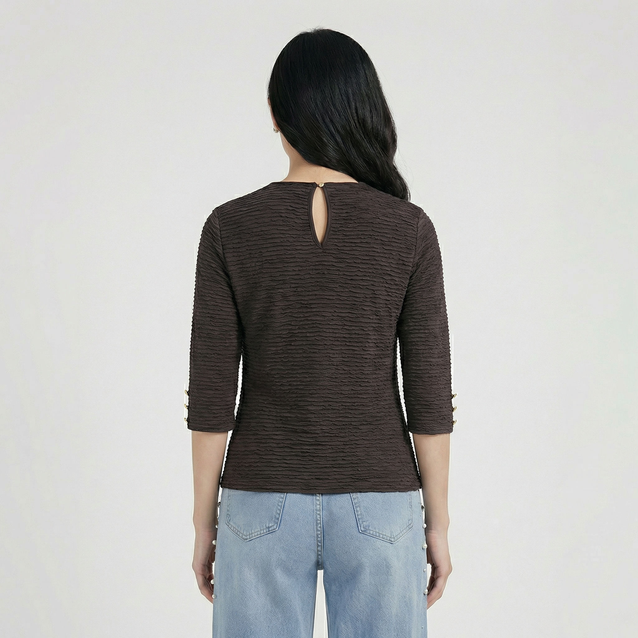 Brown-textured-three-quarter-sleeve-keyhole-neck-top-for-women