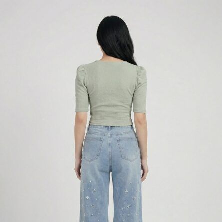 Sage-green-ribbed-V-neck-puff-sleeve-crop-top-for-women