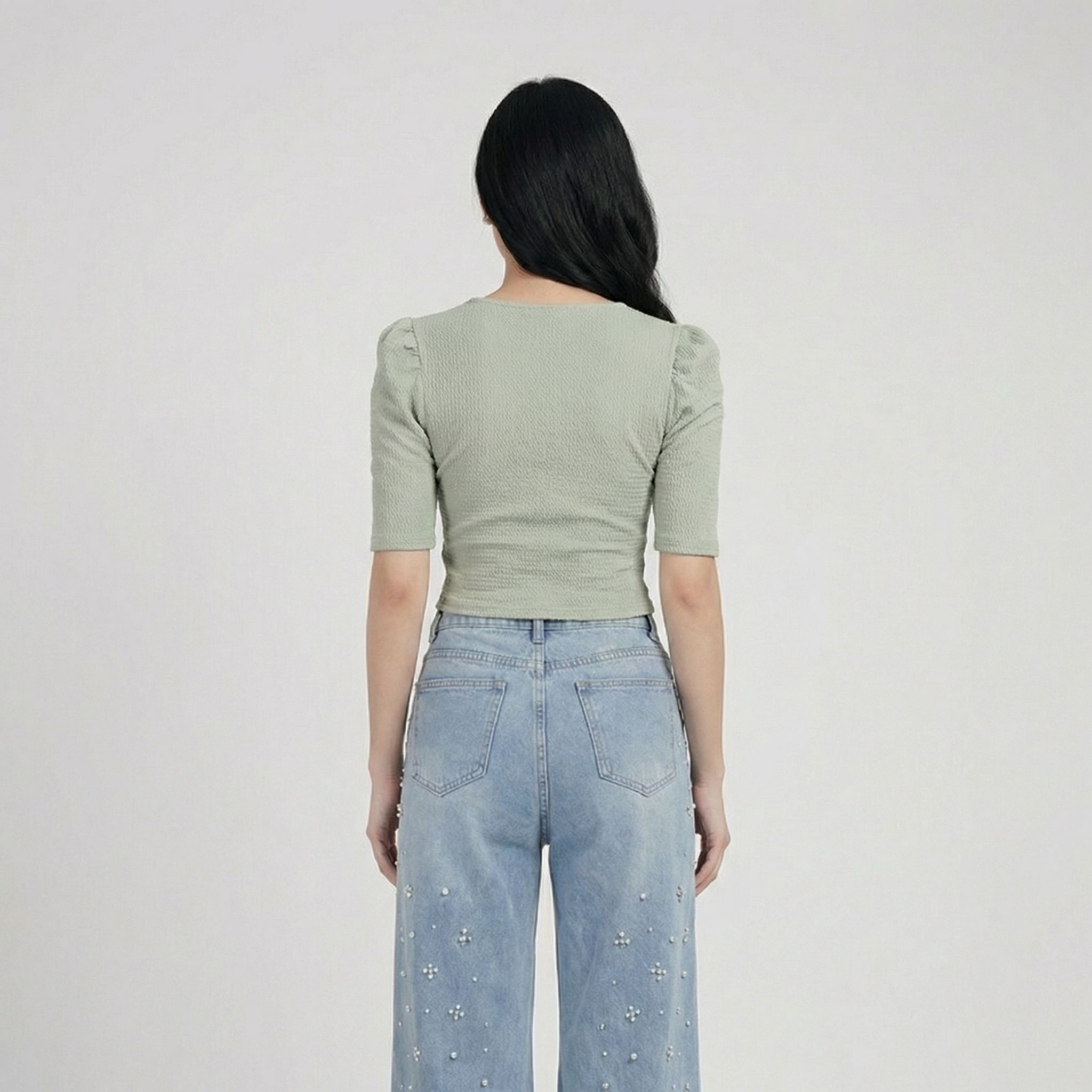 Sage-green-ribbed-V-neck-puff-sleeve-crop-top-for-women