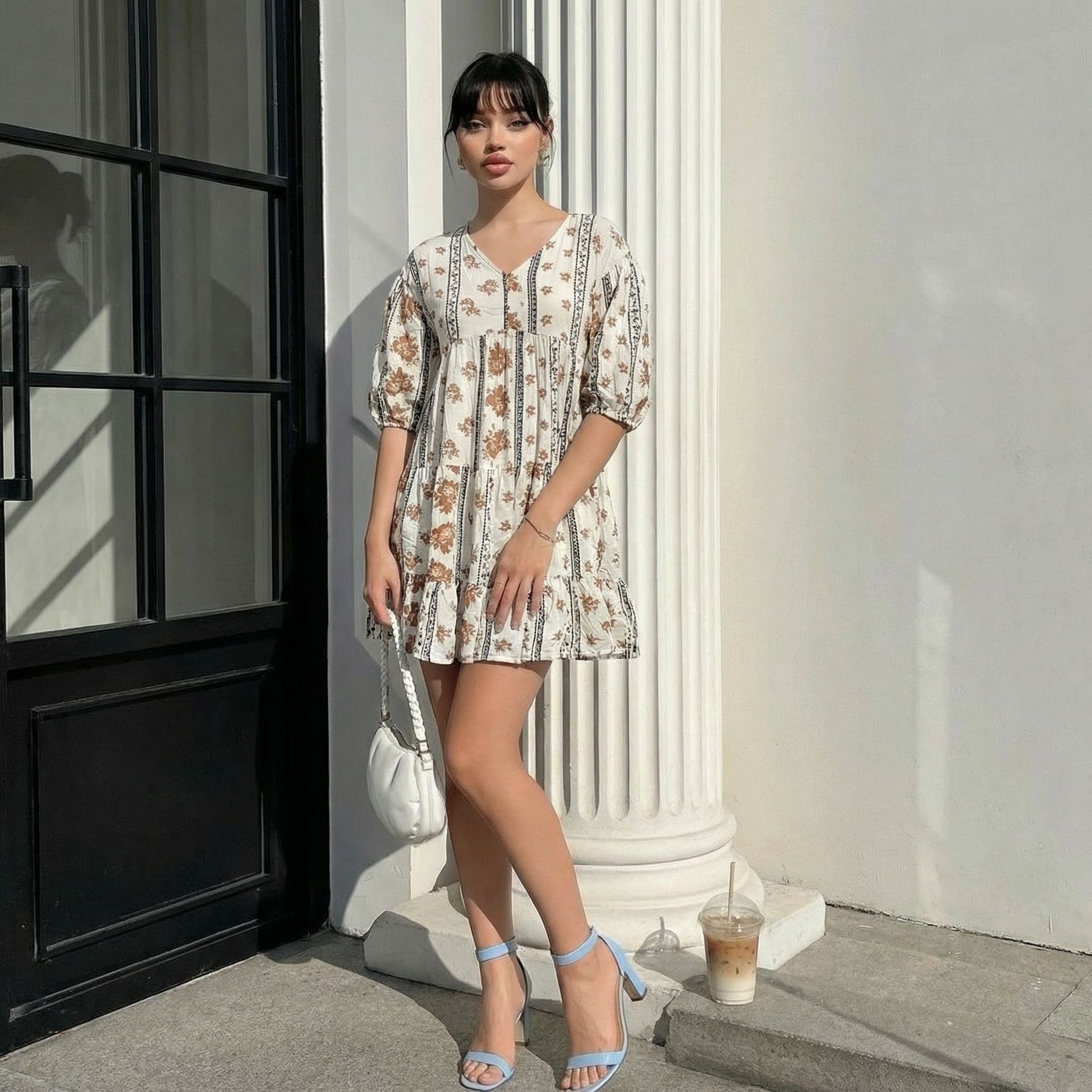 Beige-floral-print-puff-sleeve-v-neck-mini-dress-for-women