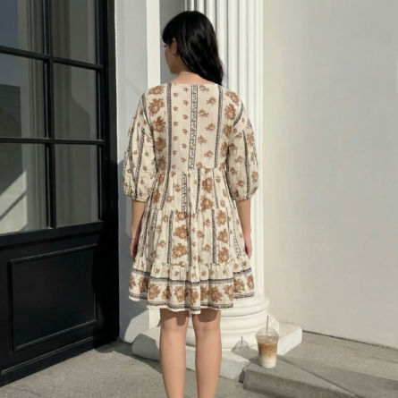 Beige-floral-print-puff-sleeve-v-neck-mini-dress-for-women