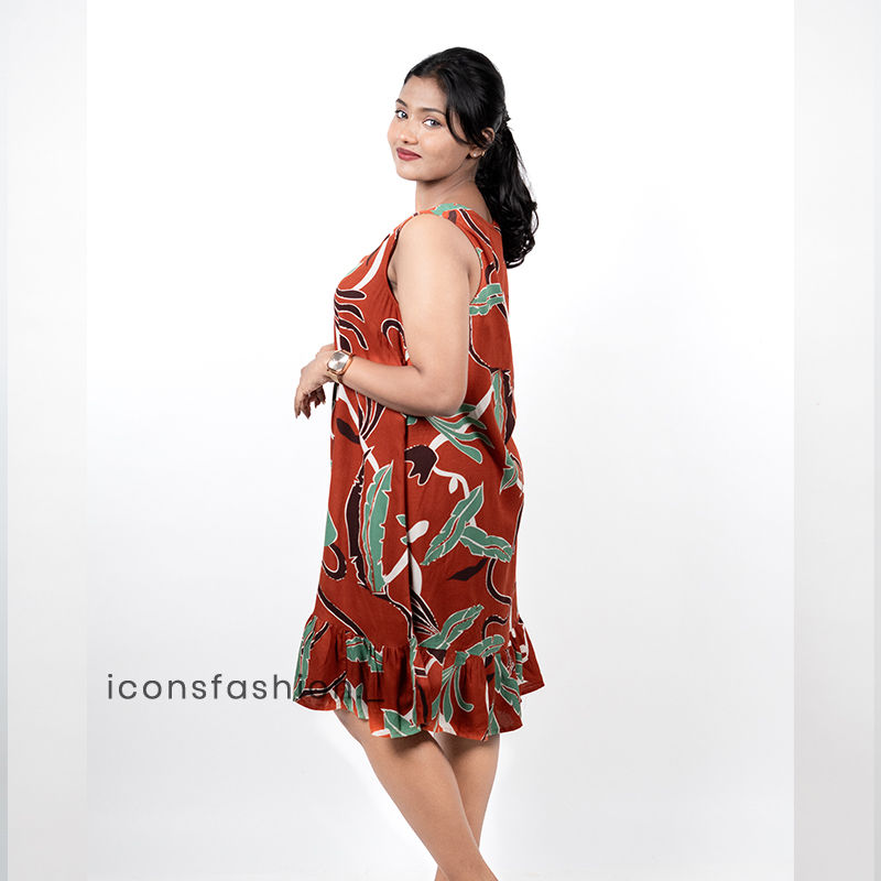 Brown-floral-printed-sleeveless-mini-dress-with-V-neck-and-ruffle-hem