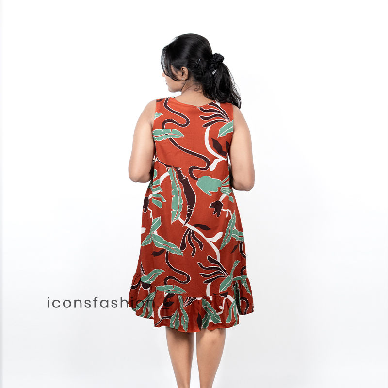 Brown-floral-printed-sleeveless-mini-dress-with-V-neck-and-ruffle-hem