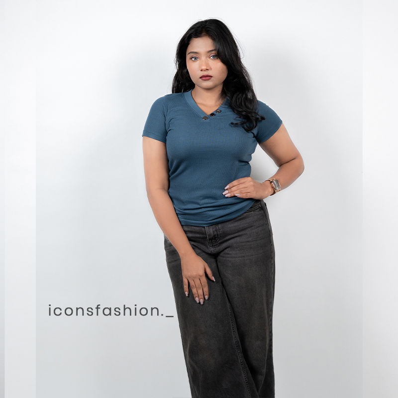 Blue-ribbed-button-neck-short-sleeve-top