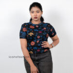 Black-floral-print-ribbed-short-sleeve-crop-top