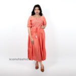 Coral-embroidered-puff-sleeve-midi-dress-with-tie-waist