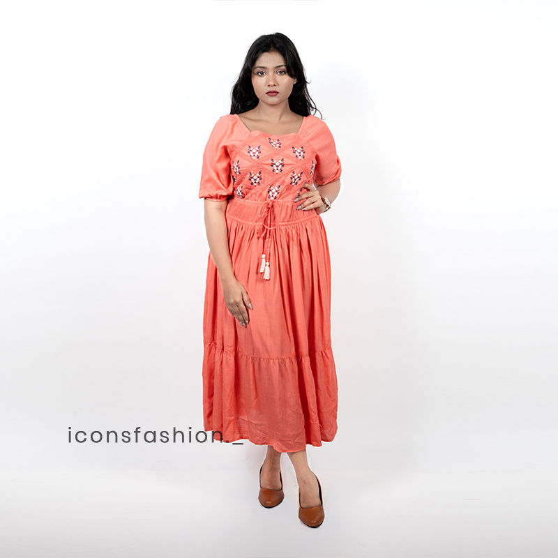 Coral-embroidered-puff-sleeve-midi-dress-with-tie-waist