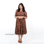 Brown-geometric-printed-midi-dress-with-tie-waist