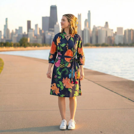 Navy-floral-split-neck-tie-waist-midi-dress-for-women
