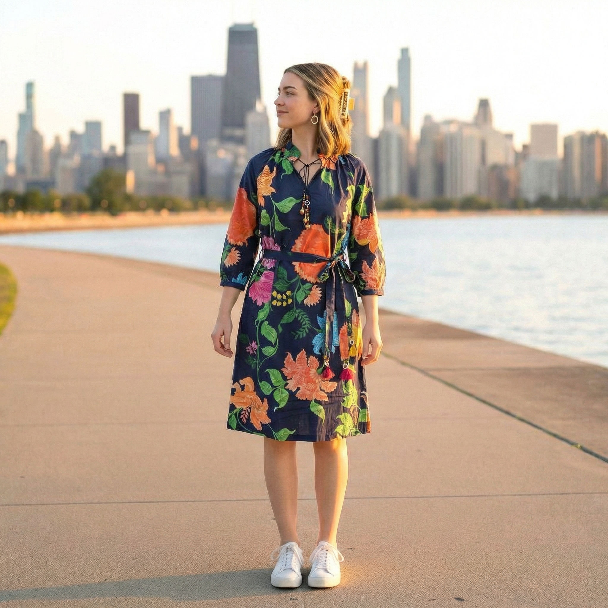Navy-floral-split-neck-tie-waist-midi-dress-for-women