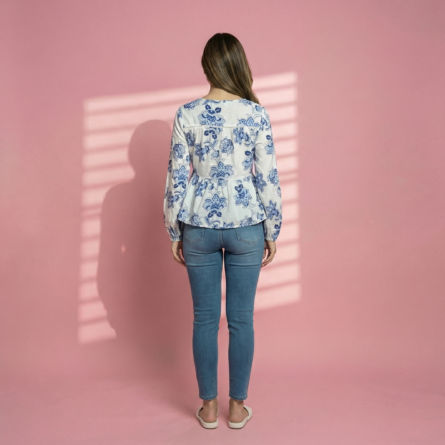 Blue-floral-print-V-neck-peplum-top-with-long-sleeves