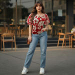 Red-floral-square-neck-puff-sleeve-women's-top