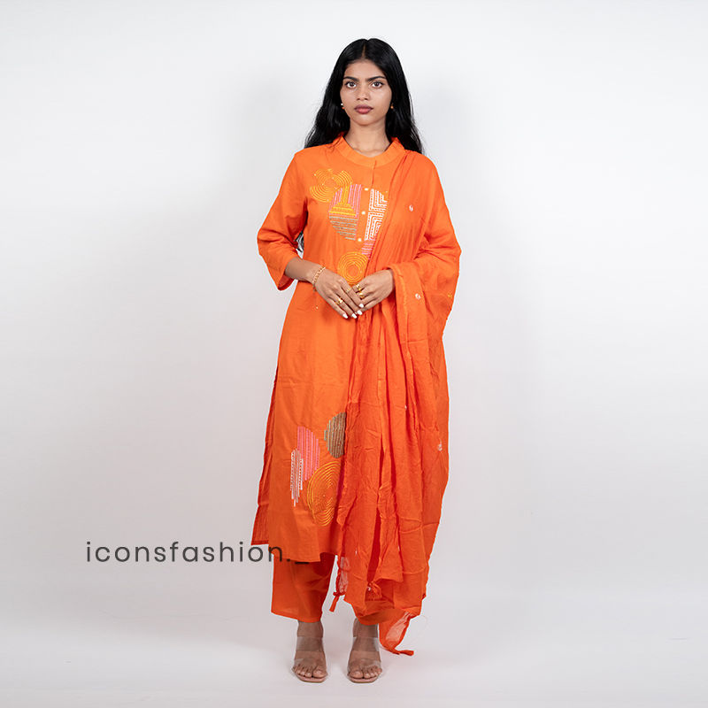Orange-cotton-kurta-set-with-embroidery-and-dupatta
