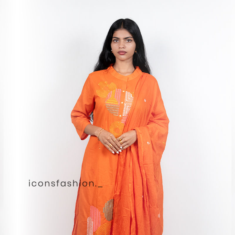 Orange-cotton-kurta-set-with-embroidery-and-dupatta