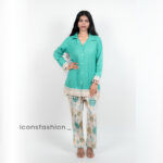 Blue-Co-Ord-set-with-collared-button-down-top-and-printed-pants