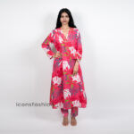 Women’s-pink-print-kurta-set-with-V-neck-and-Full-sleeves