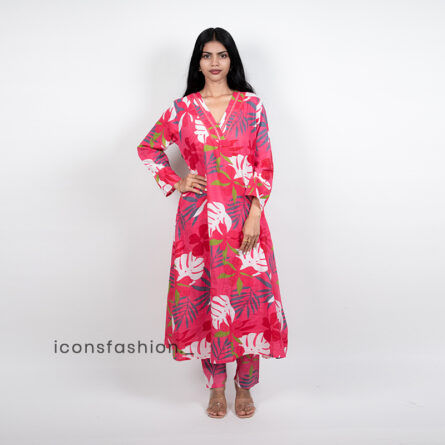 Women’s-pink-print-kurta-set-with-V-neck-and-Full-sleeves