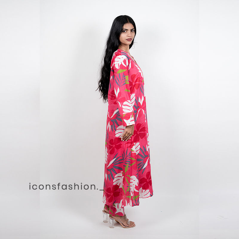 Women’s-pink-print-kurta-set-with-V-neck-and-Full-sleeves