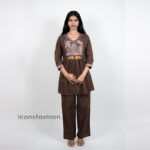 Women’s-brown-embroidered-kurta-pant-co-ord-set-with-V-neck-and-three-quarter-sleeves