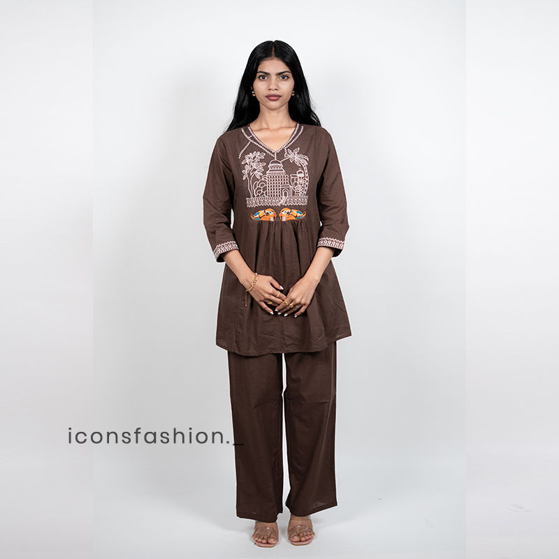 Women’s-brown-embroidered-kurta-pant-co-ord-set-with-V-neck-and-three-quarter-sleeves
