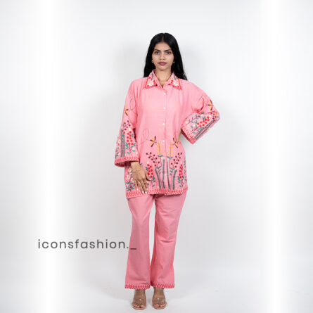 Women’s-pink-embroidered-co-ord-set-with-shirt-style-top-and-straight-pants