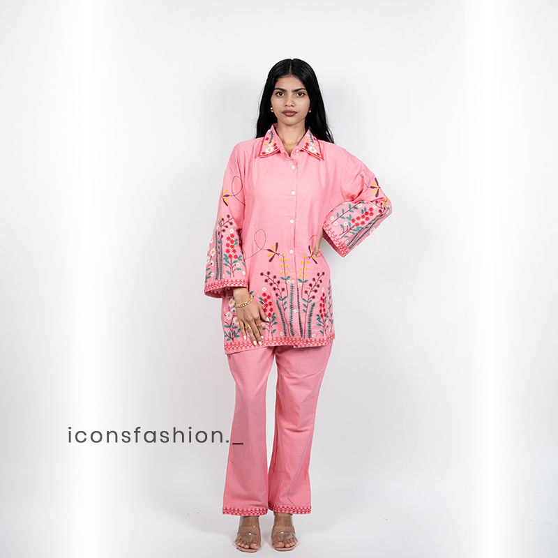 Women’s-pink-embroidered-co-ord-set-with-shirt-style-top-and-straight-pants