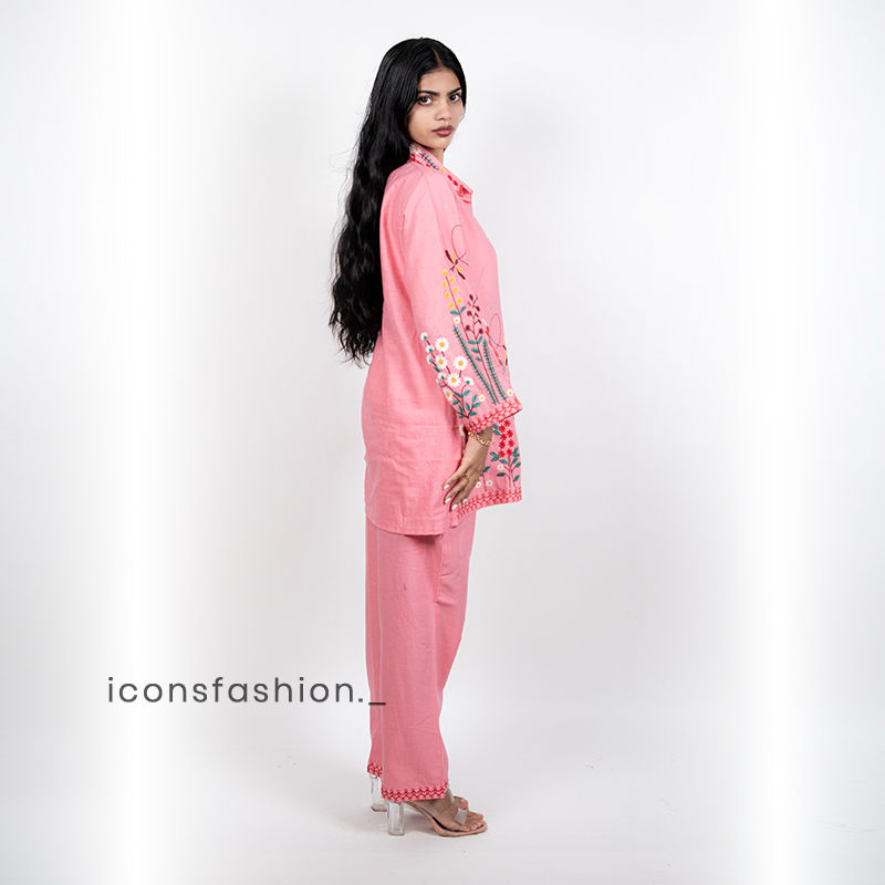 Women’s-pink-embroidered-co-ord-set-with-shirt-style-top-and-straight-pants