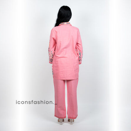 Women’s-pink-embroidered-co-ord-set-with-shirt-style-top-and-straight-pants