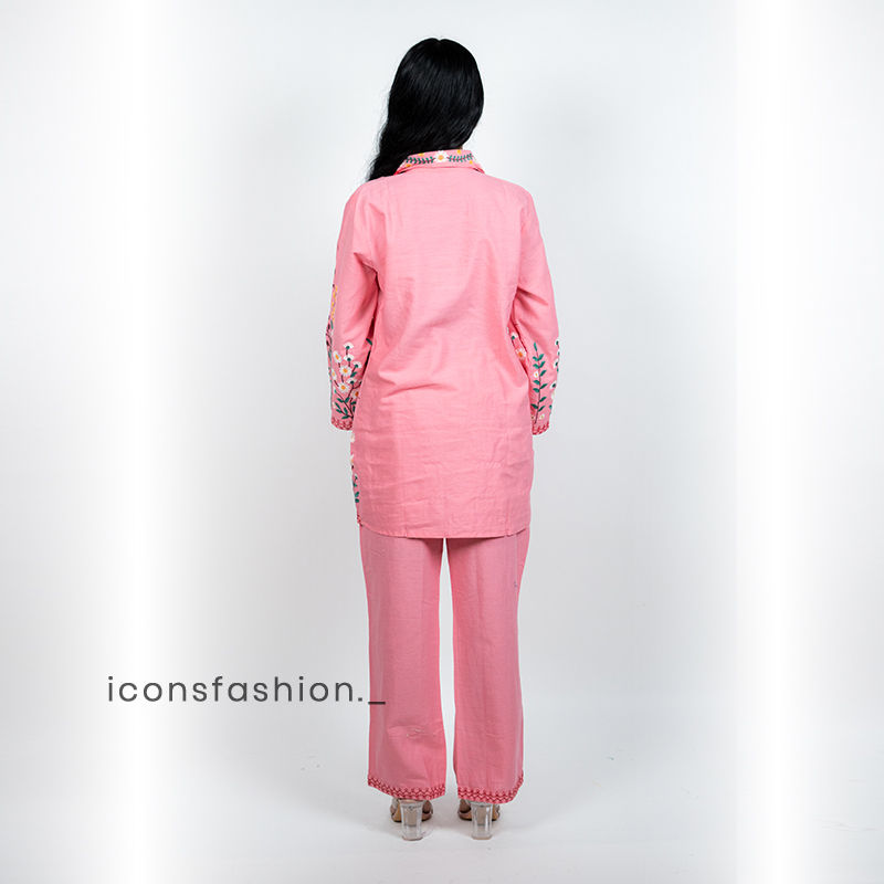 Women’s-pink-embroidered-co-ord-set-with-shirt-style-top-and-straight-pants