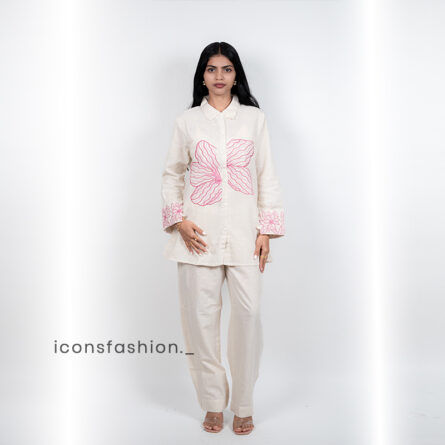 Women’s-off-white-co-ord-set-with-embroidered-and-shirt-style-top-and-pants