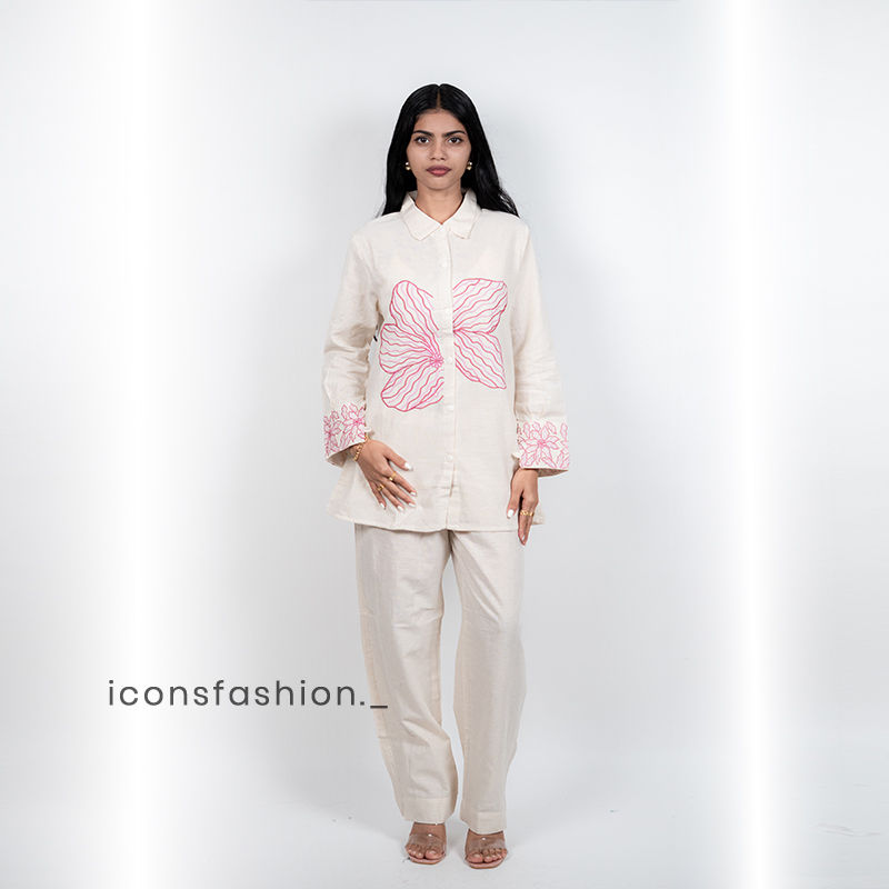 Women’s-off-white-co-ord-set-with-embroidered-and-shirt-style-top-and-pants
